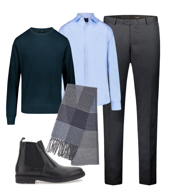 Outfit uomo - City. Stile Urban per Tutti i giorni. Abbinamento con camicie, sciarpe, maglieria, stivali e stivaletti, pantaloni.
