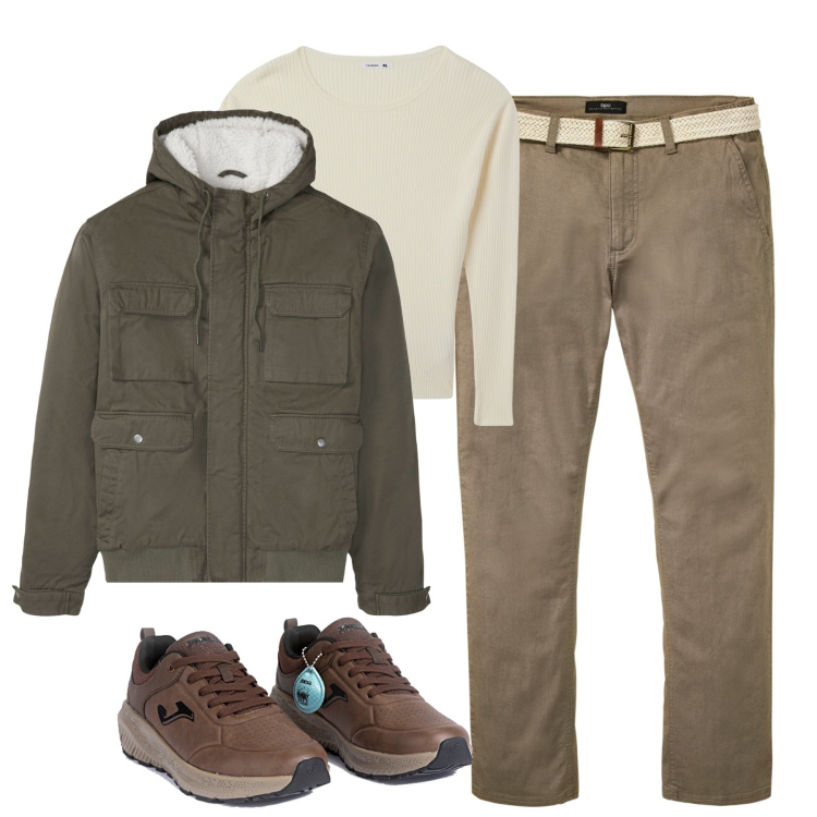 Outfit uomo - City. Stile Urban per Tutti i giorni. Abbinamento con pantaloni chino, piumini, maglieria, sneakers.