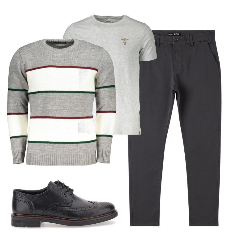 Outfit uomo - City. Stile Urban per Tutti i giorni. Abbinamento con pantaloni chino, t-shirt, scarpe stringate, maglieria.