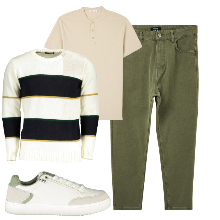 Outfit uomo - City. Stile Urban per Tutti i giorni. Abbinamento con t-shirt, pantaloni, maglieria, sneakers.
