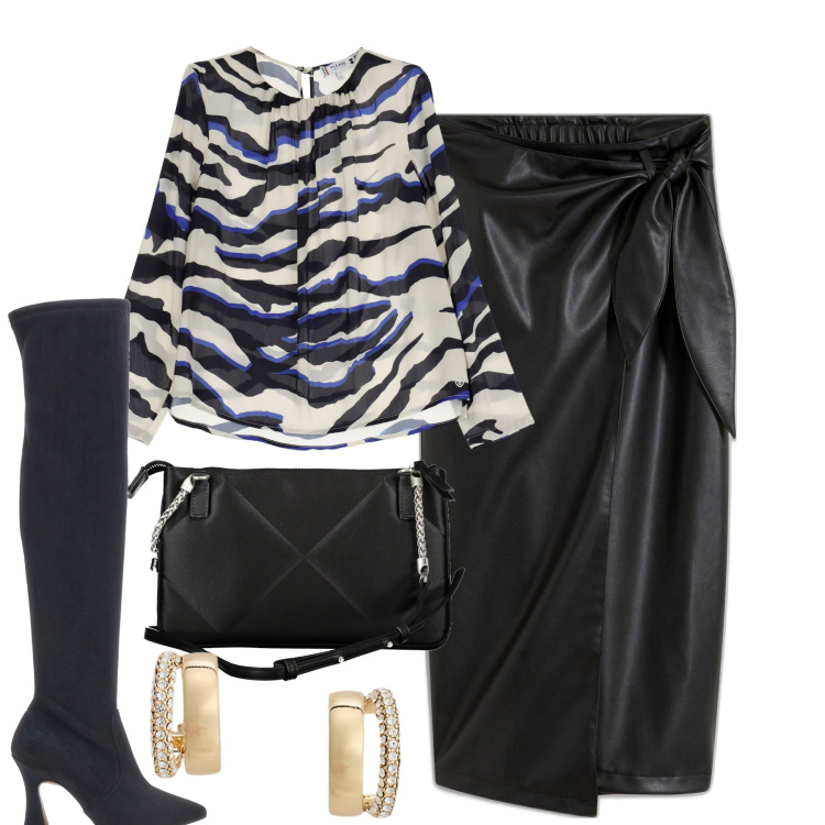 Outfit donna - Serata. Stile Trendy per Serata fuori. Abbinamento con gonne, camicie, orecchini, stivali, borse a tracolla.