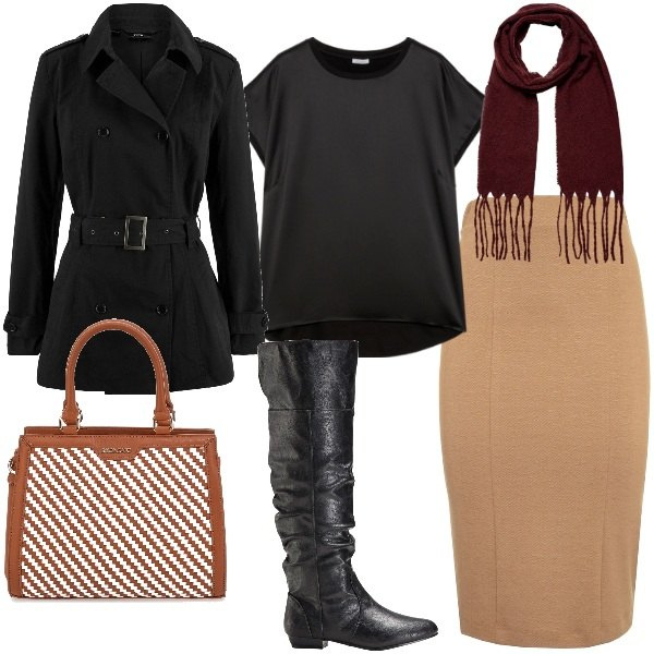 Outfit donna - Nero e biscotto. Stile Urban per Ufficio. Abbinamento con stivali sopra il ginocchio, trench, gonne lunghe, bluse, sciarpe, borse a mano.