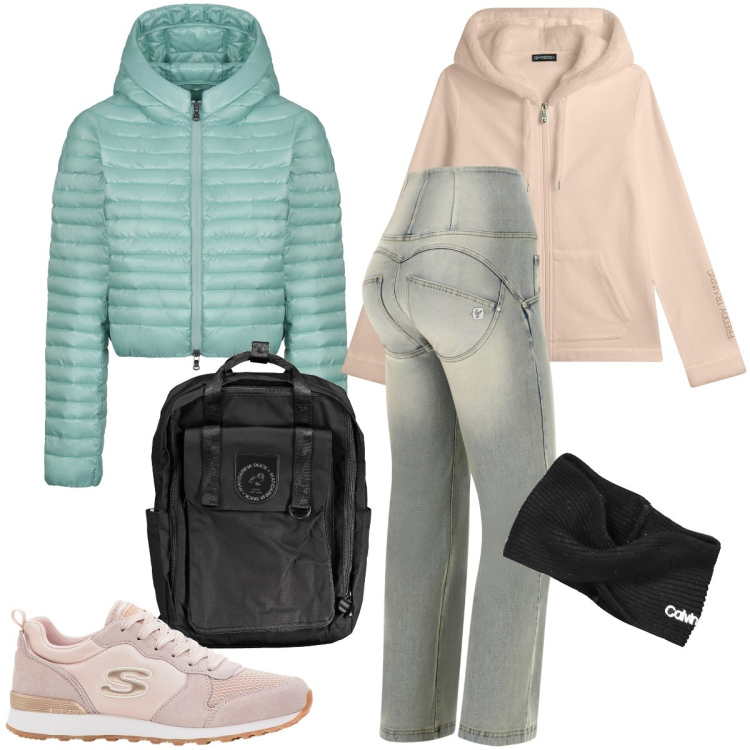 Outfit donna - Vado in palestra. Stile Sporty chic per Sport. Abbinamento con sneakers, jeans, felpe con cappuccio, piumini, zaini, fasce per capelli.