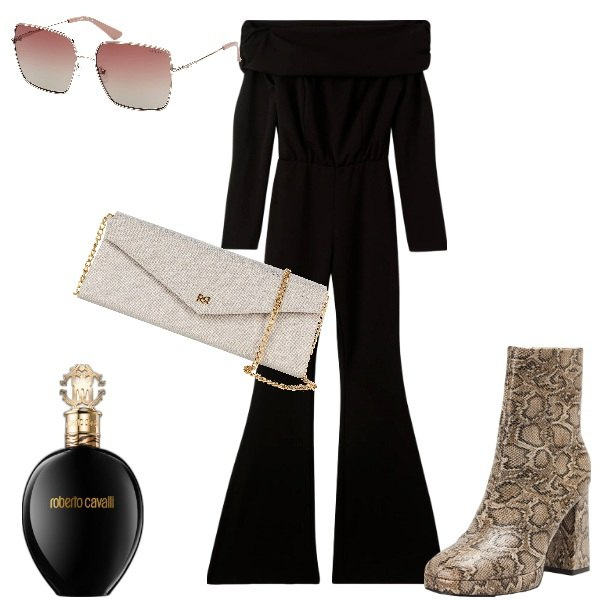 Outfit donna - Serata \'70. Stile 70s per Serata fuori. Abbinamento con profumi, tute, stivaletti, pochette, occhiali da sole.