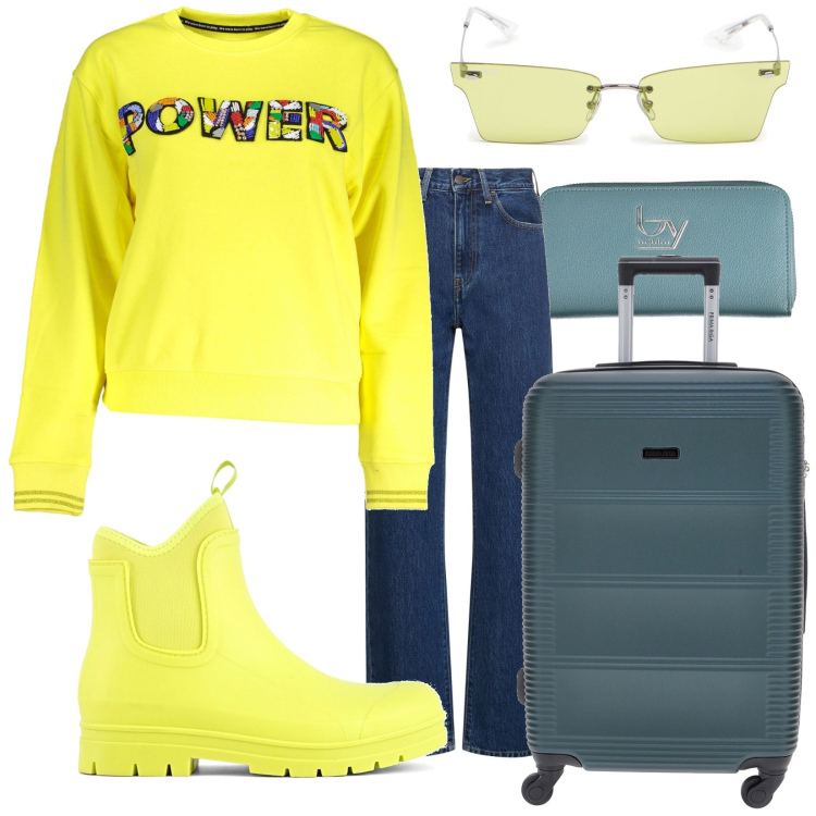 Outfit donna - Fluo. Stile Casual per Tutti i giorni. Abbinamento con stivali, valigie, felpe, jeans dritti, occhiali da sole, portafogli.