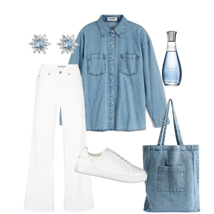 Outfit donna - Camicia di Denim per tutti i giorni. Stile Trendy per Scuola/Università. Abbinamento con jeans, camicie, profumi, shopping bag, orecchini, sneakers.