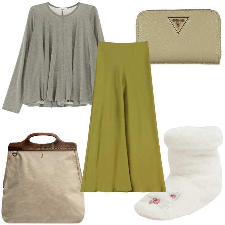 Outfit donna - Total look #1973055. Stile Trendy per Tutti i giorni. Abbinamento con pantofole, gonne lunghe, maglieria, borse a tracolla, portafogli.