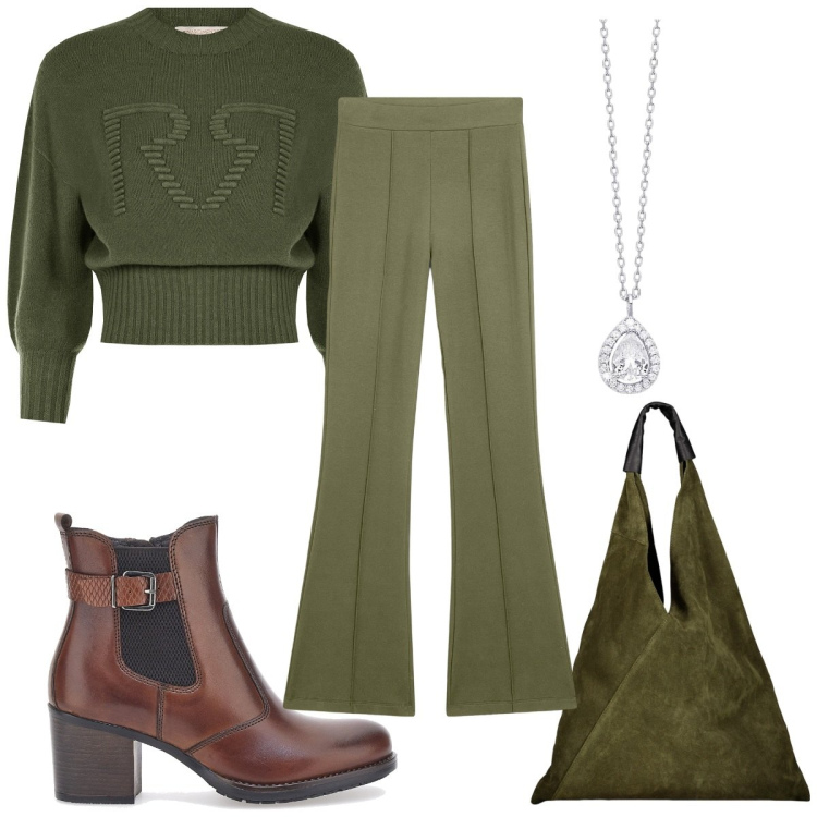 Outfit donna - Total look #1973063. Stile 70s per Tutti i giorni. Abbinamento con maglieria, collane, pantaloni, borse a spalla, stivaletti.