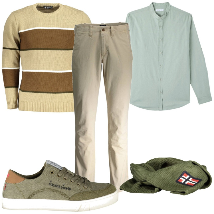 Outfit uomo - Total look #1973066. Stile Trendy per Tutti i giorni. Abbinamento con camicie, pantaloni, maglieria, sciarpe, sneakers.