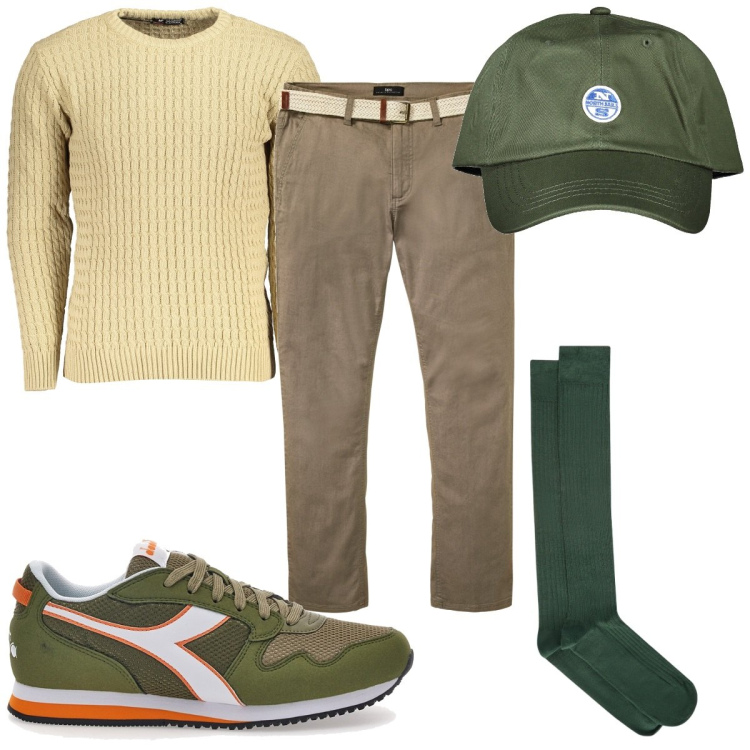 Outfit uomo - Total look #1973071. Stile Trendy per Tutti i giorni. Abbinamento con pantaloni chino, maglieria, sneakers, calzini, cappelli con visiera.