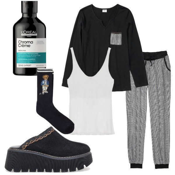Outfit donna - Una buona notte. Stile Basic per Tutti i giorni. Abbinamento con pigiama, correttori, canottiere, calzini, zoccoli.