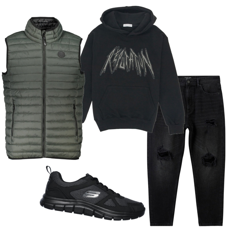 Outfit uomo - Young. Stile Casual per Tutti i giorni. Abbinamento con jeans strappati, felpe con cappuccio, sneakers, giacche.