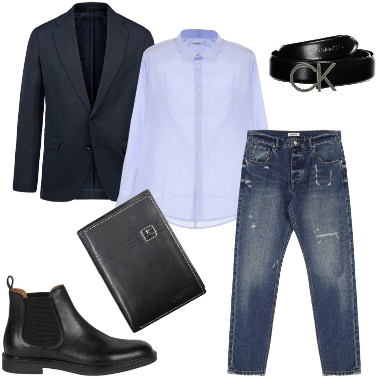 Outfit uomo - Camicia e jeans. Stile Trendy per Serata speciale. Abbinamento con camicie, jeans dritti, portafogli, abiti, cinture, stivali e stivaletti.