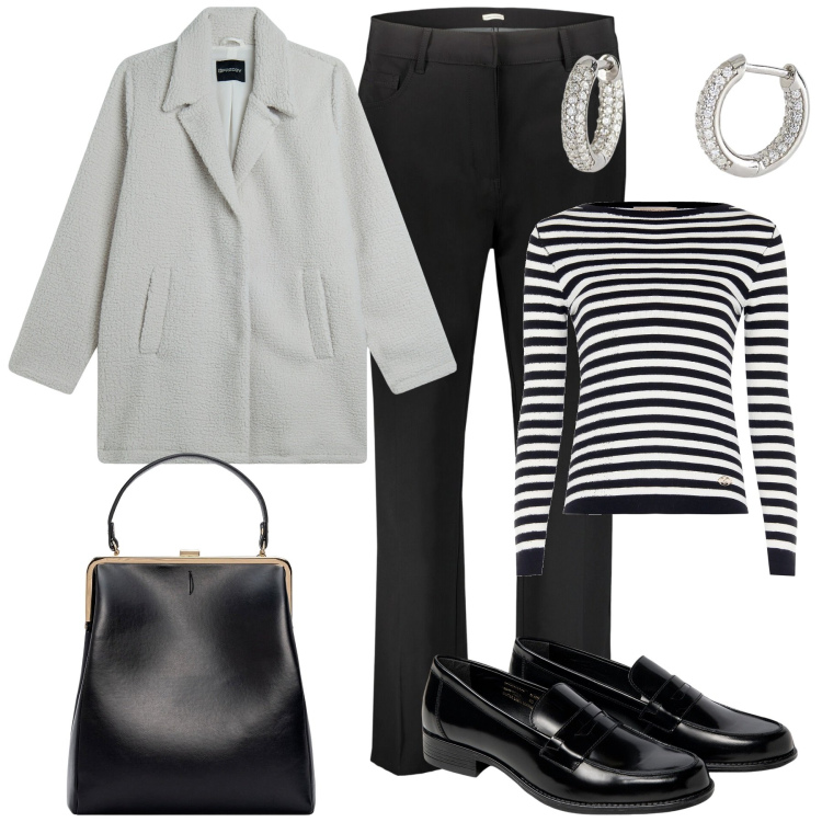 Outfit donna - Mix & match over size. Stile Casual chic per Tutti i giorni. Abbinamento con orecchini, maglieria, cappotti, pantaloni, mocassini, borse a spalla.