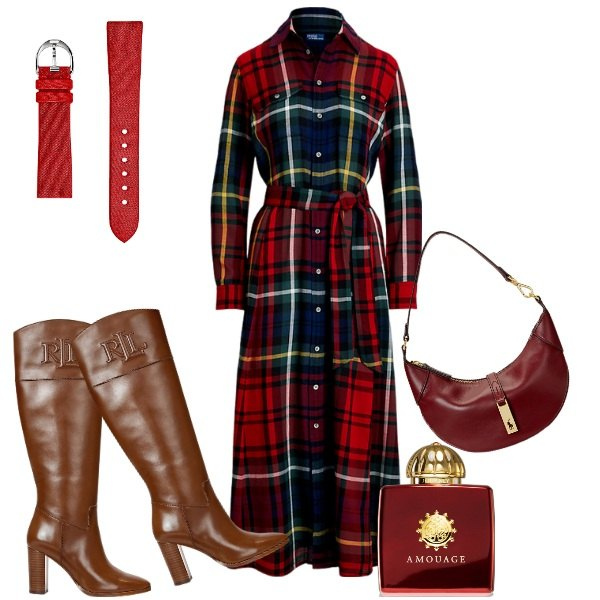 Outfit donna - Long tartan dress. Stile Chic per Tutti i giorni. Abbinamento con profumi, orologi, vestiti, stivali, borse a spalla.