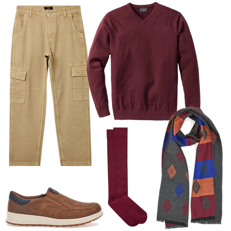 Outfit uomo - Colori autunnali. Stile Casual per Tutti i giorni. Abbinamento con maglieria, pantaloni cargo, calzini, sciarpe, sneakers.