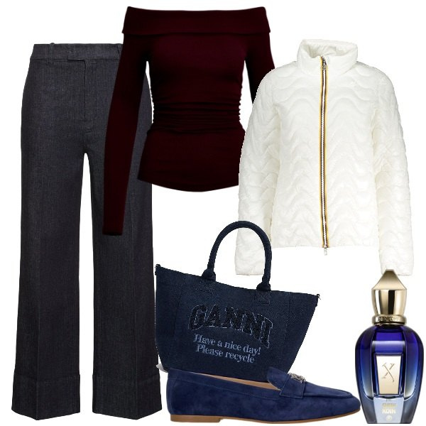 Outfit donna - Il giusto peso. Stile Basic per Ufficio. Abbinamento con profumi, mocassini, maglieria, piumini, shopping bag, jeans dritti.