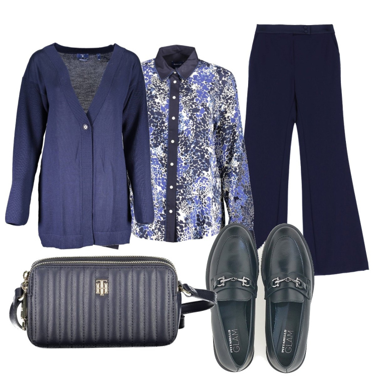 Outfit donna - Total look #1973167. Stile Bon Ton per Ufficio. Abbinamento con pantaloni, mocassini, cardigans, camicie, borse a tracolla.