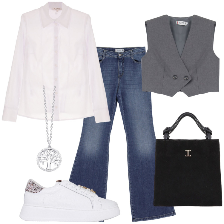 Outfit donna - In sneakers elegante. Stile Casual chic per Ufficio. Abbinamento con camicie, jeans, gilet, collane, sneakers, shopping bag.