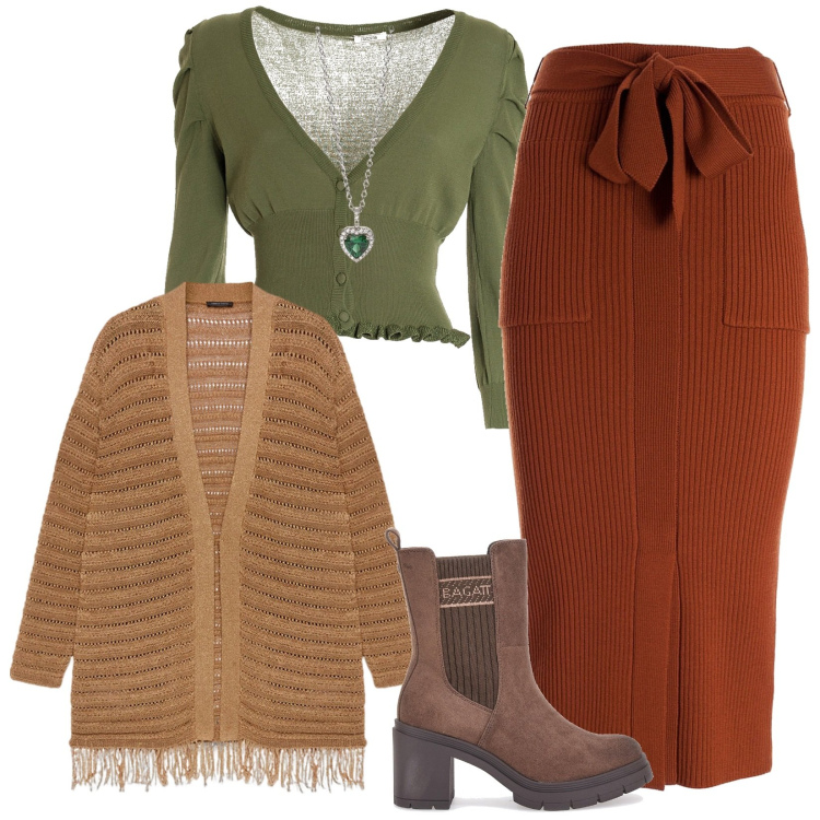 Outfit donna - Oliva e nocciola. Stile Casual chic per Ufficio. Abbinamento con ciondoli, gonne longuette, cardigans, stivaletti chelsea, cardigans.