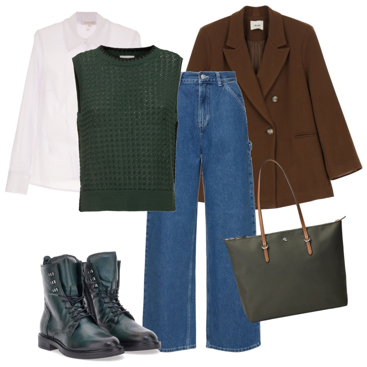 Outfit donna - Shopping con gli anfibi. Stile Casual per Tutti i giorni. Abbinamento con camicie, blazer, borse tote, anfibi, maglieria, pantaloni.