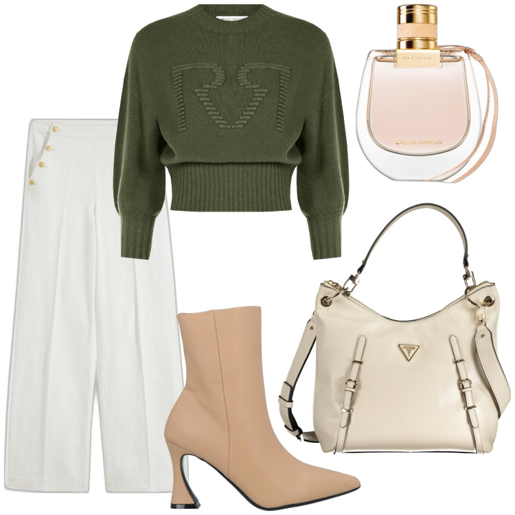 Outfit donna - Total look #1973192. Stile Casual chic per Ufficio. Abbinamento con pantaloni, stivaletti, profumi, maglieria, borse a spalla.