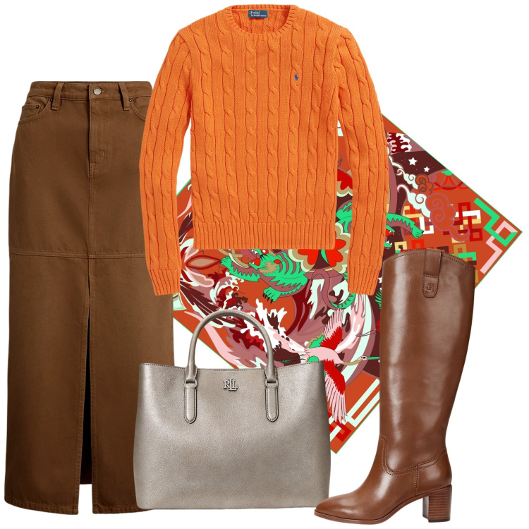 Outfit donna - Arancio autunno. Stile Bon Ton per Tutti i giorni. Abbinamento con maglieria, gonne, stivali, borse a mano, foulard.