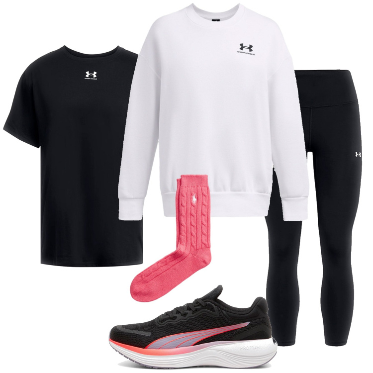 Outfit donna - Under Armour. Stile Casual per Sport. Abbinamento con calzini, felpe, t-shirt, scarpe sportive, leggings.