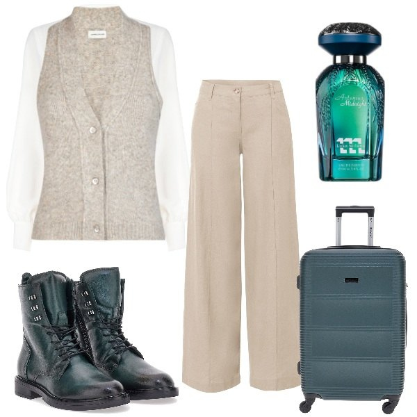 Outfit donna - Confort style. Stile Urban per Tutti i giorni. Abbinamento con pantaloni a palazzo, profumi, camicie, valigie, maglieria, anfibi.