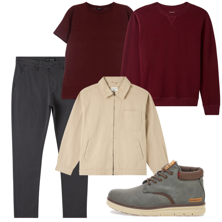 Outfit uomo - Bordeaux must have. Stile Casual per Tutti i giorni. Abbinamento con giacche, felpe, pantaloni chino, t-shirt, scarpe stringate.