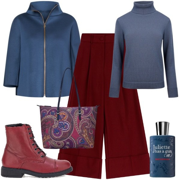 Outfit donna - Colori must have sopra la 48. Stile Basic per Ufficio. Abbinamento con profumi, cappe, pantaloni, borse tote, maglieria, anfibi.