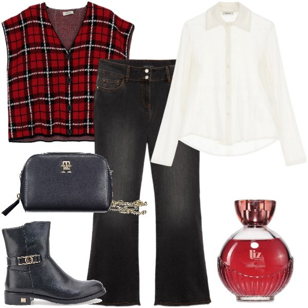 Outfit donna - Preppy sopra la 48. Stile Preppy per Scuola/Università. Abbinamento con profumi, gilet, camicie, stivaletti, jeans, borse a tracolla.