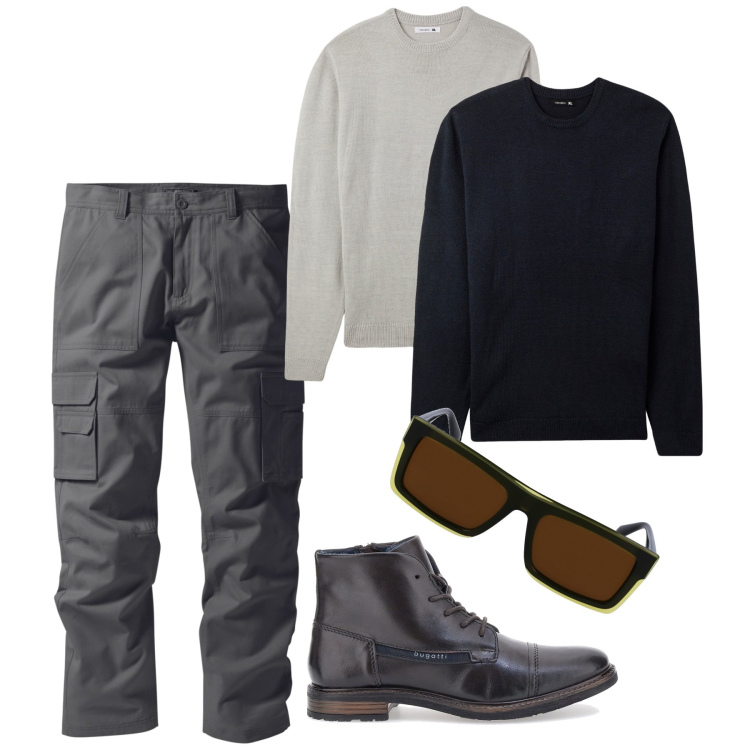 Outfit uomo - Cargo time. Stile Urban per Tutti i giorni. Abbinamento con pantaloni cargo, maglieria, stivali e stivaletti, occhiali da sole.