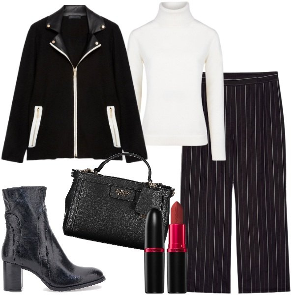Outfit donna - Black and white sopra la 48. Stile Minimal per Ufficio. Abbinamento con rossetti, stivaletti, maglieria, pantaloni, blazer, borse a tracolla.