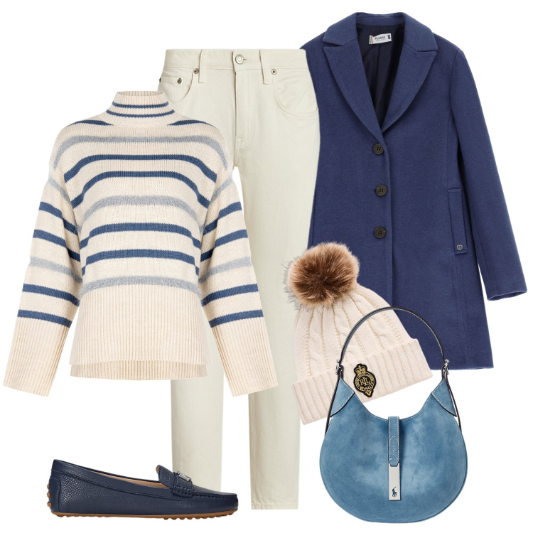Outfit donna - Al mare in inverno. Stile Casual chic per Tutti i giorni. Abbinamento con maglieria, cappotti, borse a spalla, mocassini, jeans, berretti.