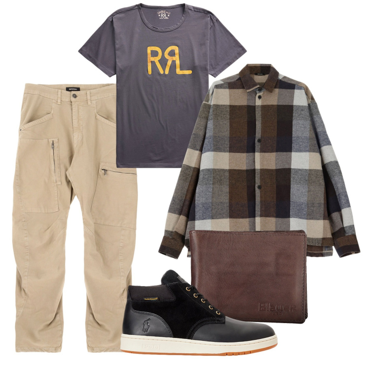 Outfit uomo - Ottobre. Stile Trendy per Tutti i giorni. Abbinamento con camicie, pantaloni cargo, t-shirt, stivali, portafogli.