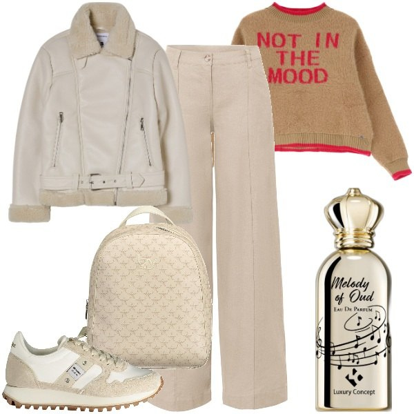 Outfit donna - Not in the mood. Stile Casual chic per Tutti i giorni. Abbinamento con pantaloni a palazzo, profumi, blazer, pullovers, sneakers, zaini.
