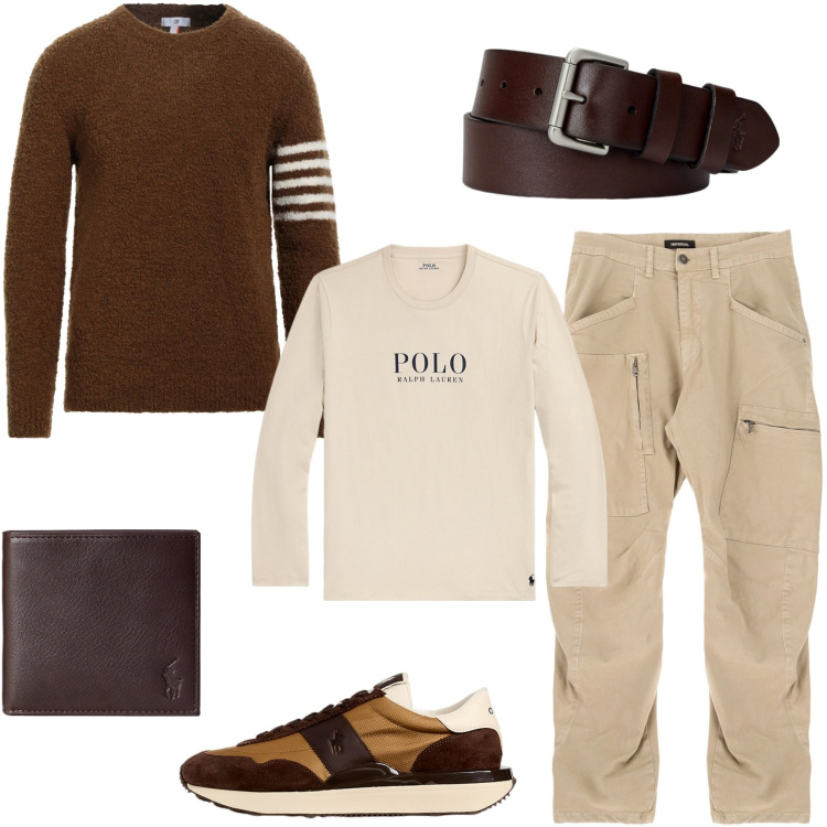 Outfit uomo - Marrone: il protagonista dell\'autunno. Stile Casual per Tutti i giorni. Abbinamento con pullovers, pantaloni cargo, cinture, portafogli, t-shirt, sneakers.