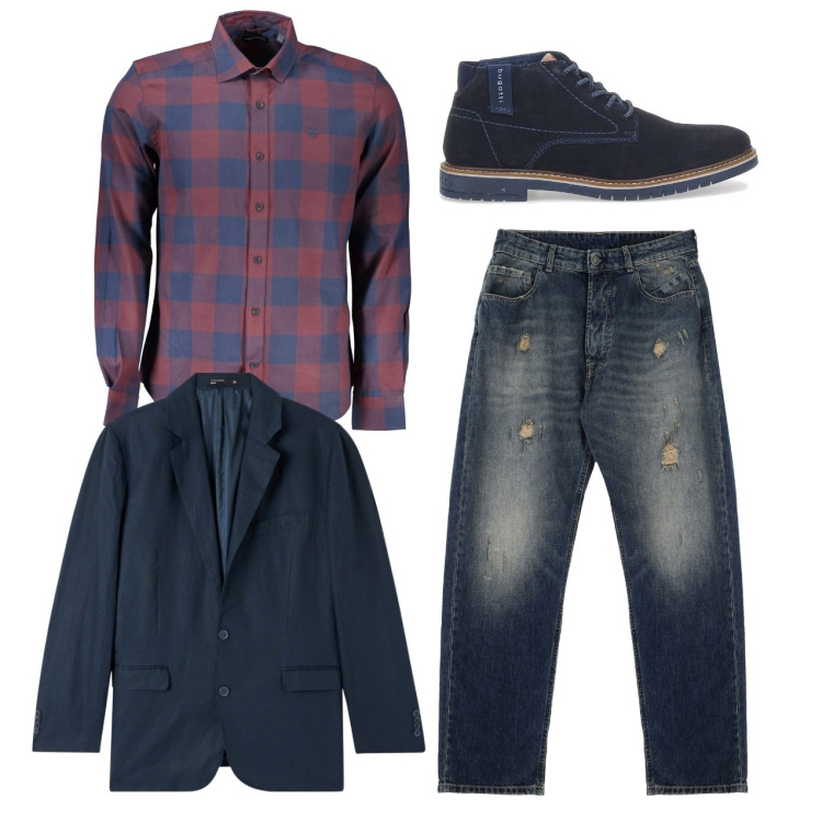 Outfit uomo - Un poco di blu. Stile Trendy per Tutti i giorni. Abbinamento con giacche, jeans strappati, scarpe stringate, camicie.