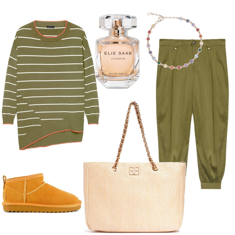 Outfit donna - Comoda in autunno. Stile Bon Ton per Tutti i giorni. Abbinamento con profumi, braccialetti, borse a spalla, stivali, maglieria, pantaloni.