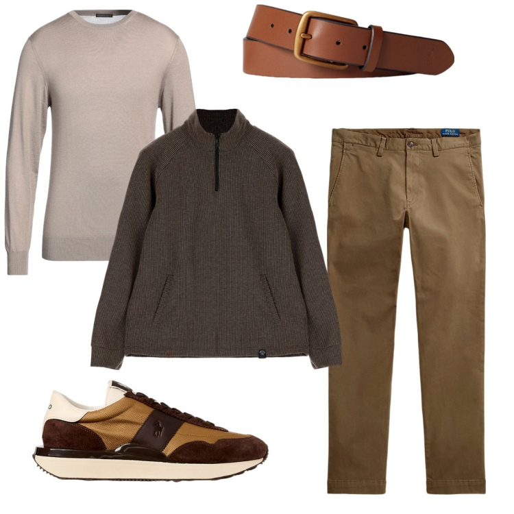 Outfit uomo - Marroni. Stile Casual per Tutti i giorni. Abbinamento con pullovers, felpe, cinture, pantaloni, sneakers.