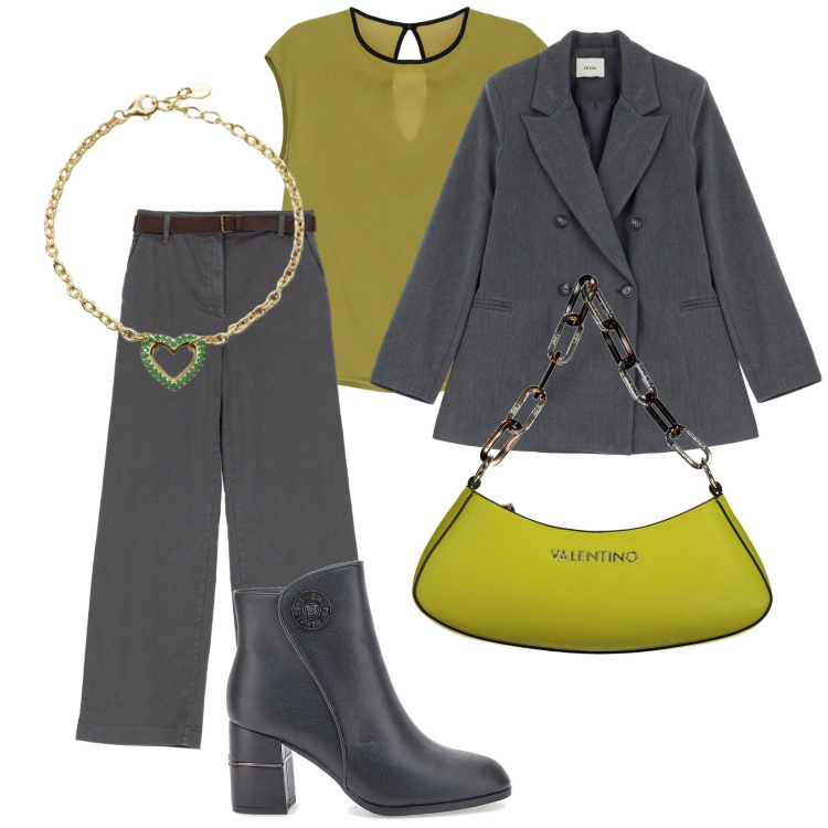 Outfit donna - Total look #1973314. Stile Chic per Ufficio. Abbinamento con pantaloni a palazzo, braccialetti, blazer, top, stivaletti, borse a spalla.