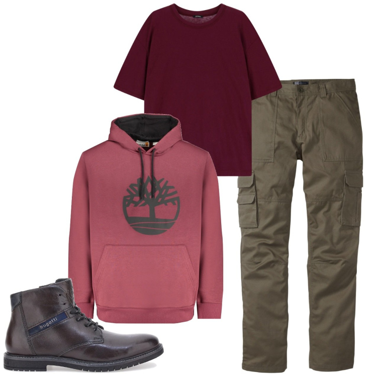 Outfit uomo - La felpa rosa. Stile Urban per Tutti i giorni. Abbinamento con pantaloni cargo, t-shirt, stivali e stivaletti, felpe con cappuccio.