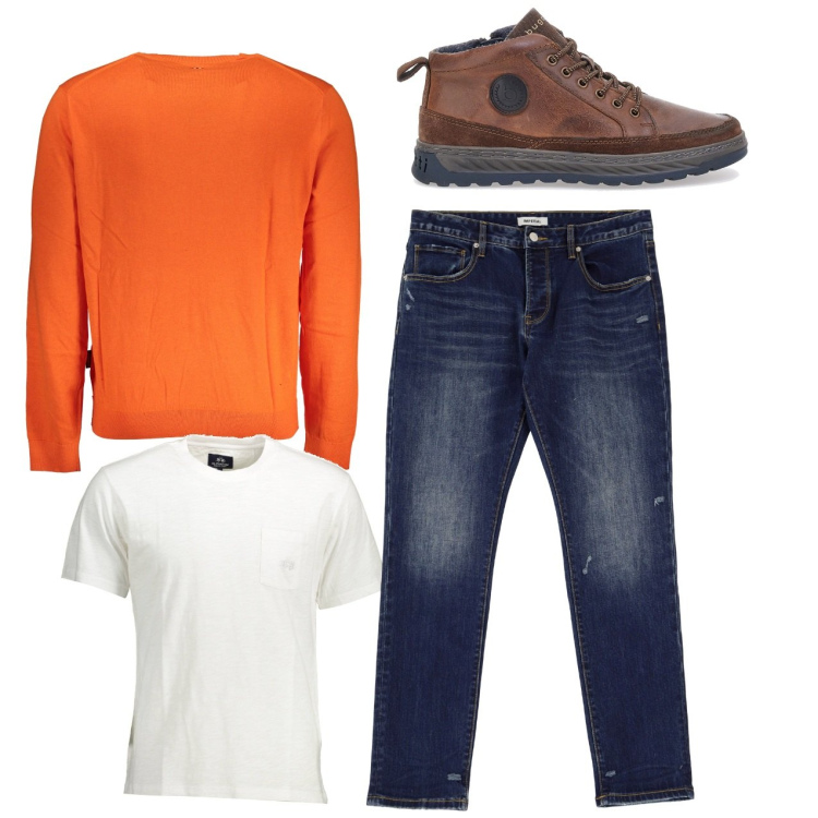 Outfit uomo - Orange. Stile Casual per Tutti i giorni. Abbinamento con jeans slim fit, scarpe stringate, maglieria, t-shirt.
