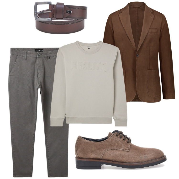 Outfit uomo - Neutri ad ottobre. Stile Casual per Tutti i giorni. Abbinamento con felpe, pantaloni chino, giacche, cinture, scarpe stringate.