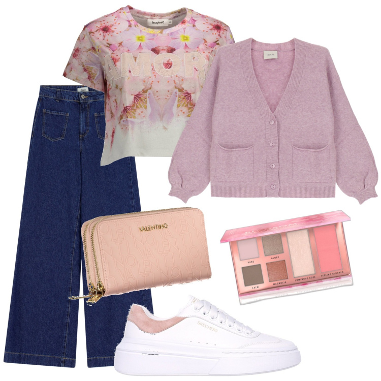 Outfit donna - Total look #1973332. Stile Casual per Tutti i giorni. Abbinamento con blush, cardigans, jeans, t-shirt, sneakers, portafogli.