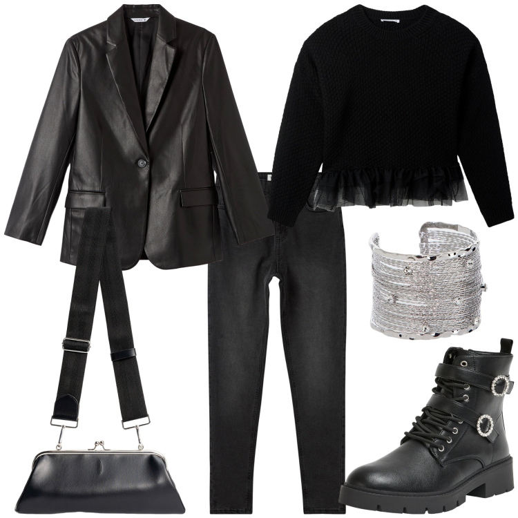 Outfit donna - Total black rock. Stile Rock per Tutti i giorni. Abbinamento con jeans skinny, blazer, maglieria, anfibi, braccialetti, clutch.