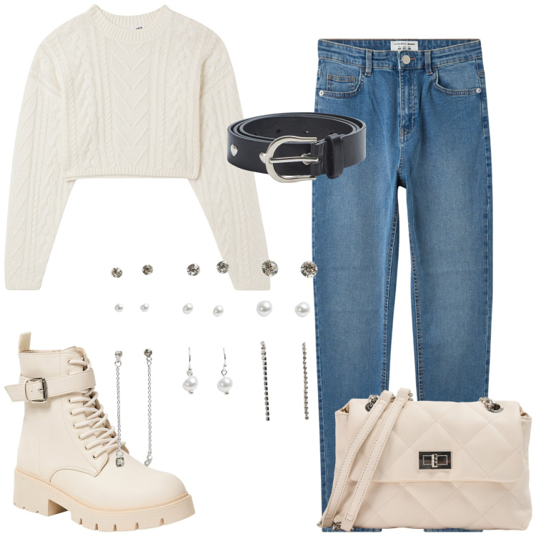 Outfit donna - Autunno color panna. Stile Casual per Tutti i giorni. Abbinamento con jeans skinny, anfibi, cinture, borse a spalla, maglieria, orecchini.
