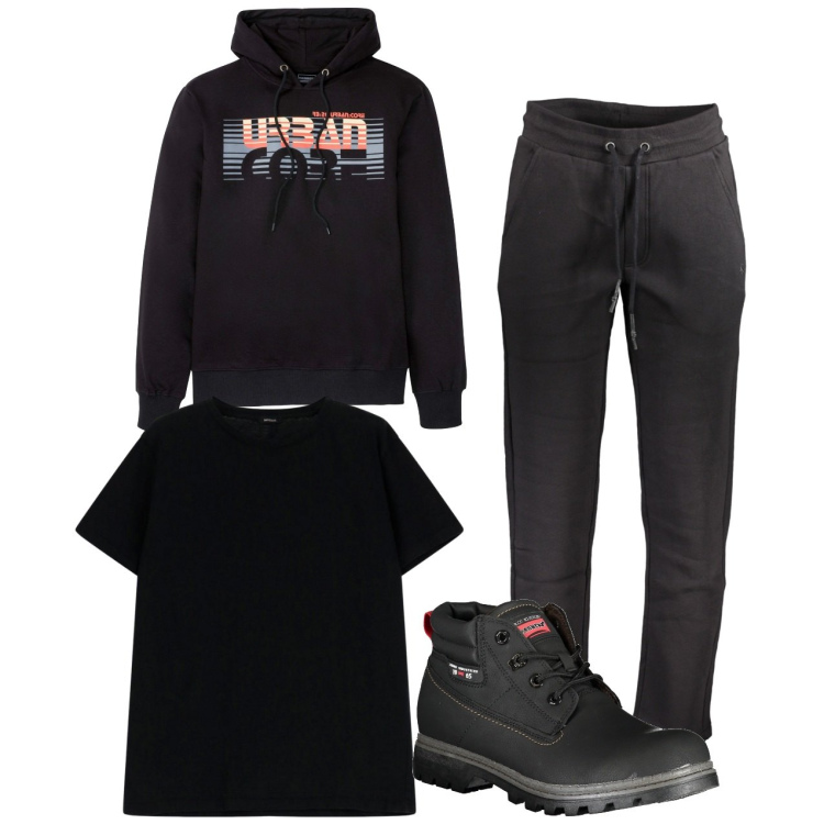 Outfit uomo - Nero. Stile Urban per Tutti i giorni. Abbinamento con felpe con cappuccio, t-shirt, pantaloni, stivali.