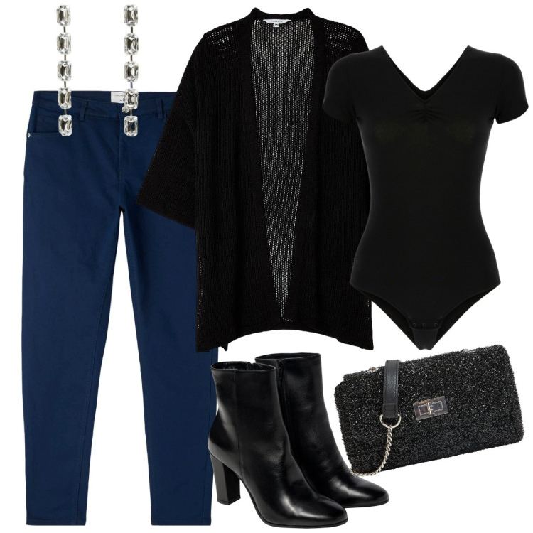 Outfit donna - Mix and match-Donna curvy. Stile Casual chic per Tutti i giorni. Abbinamento con kimono, pantaloni, borse a tracolla, orecchini, body, stivaletti.